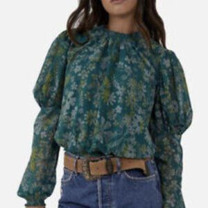 Free People Clarissa Floral Printed Top- Size Large - Green Sea Combo Blouse